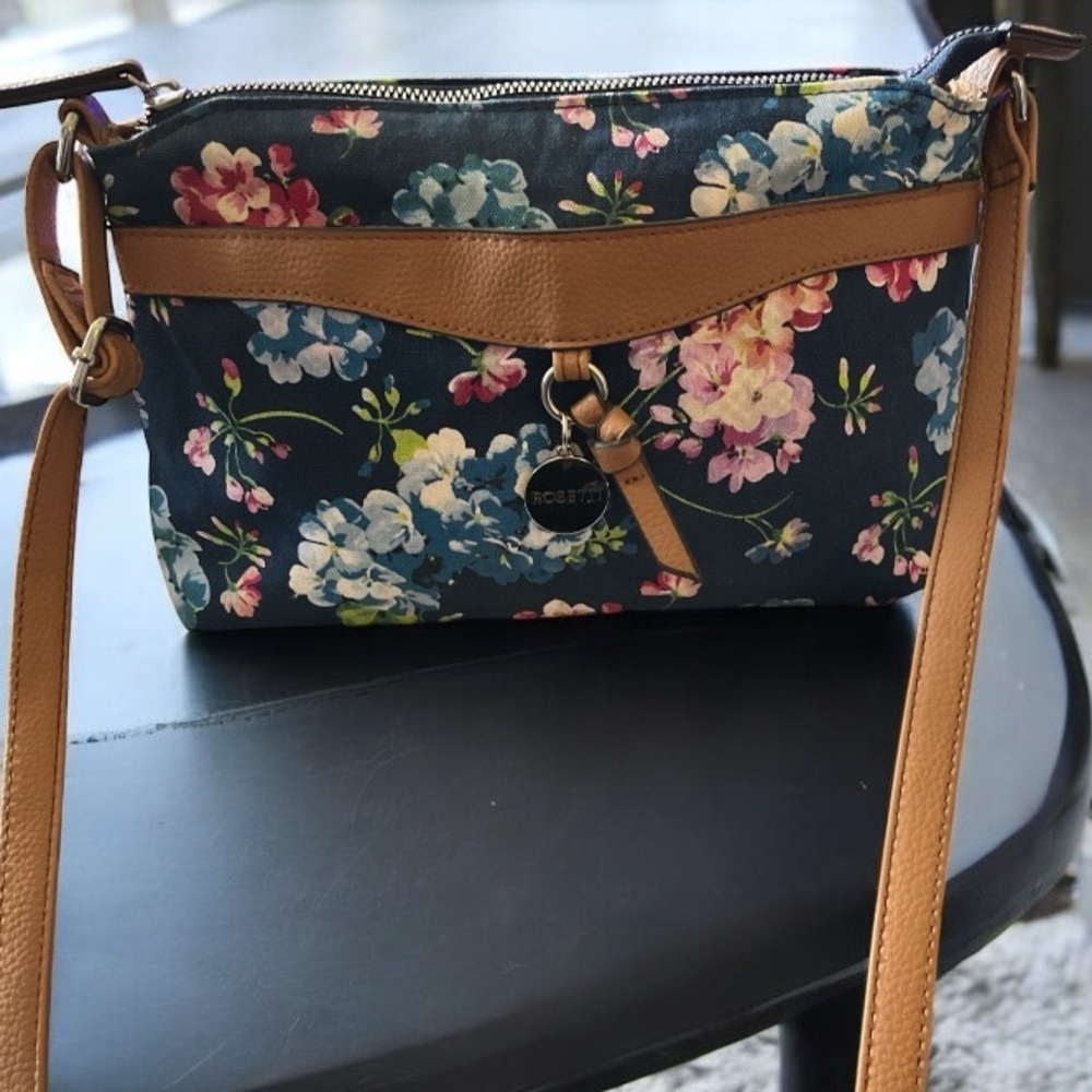 Rosetti Floral and Tan Leather Crossbody Bag with Floral Design